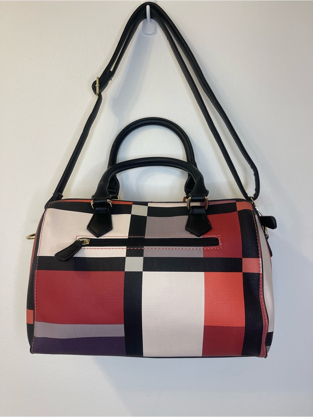 NWOT Structured Plaid Satchel Handbag with Crossbody Strap in Red and Black